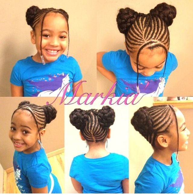 Braided buns, bangs, beads