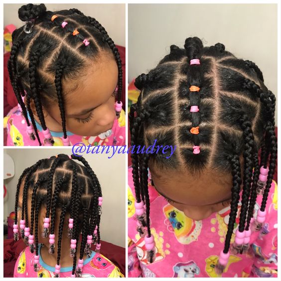 Mini Plaits With Rubber Bands and Beads - Braids Hairstyles for Black Kids